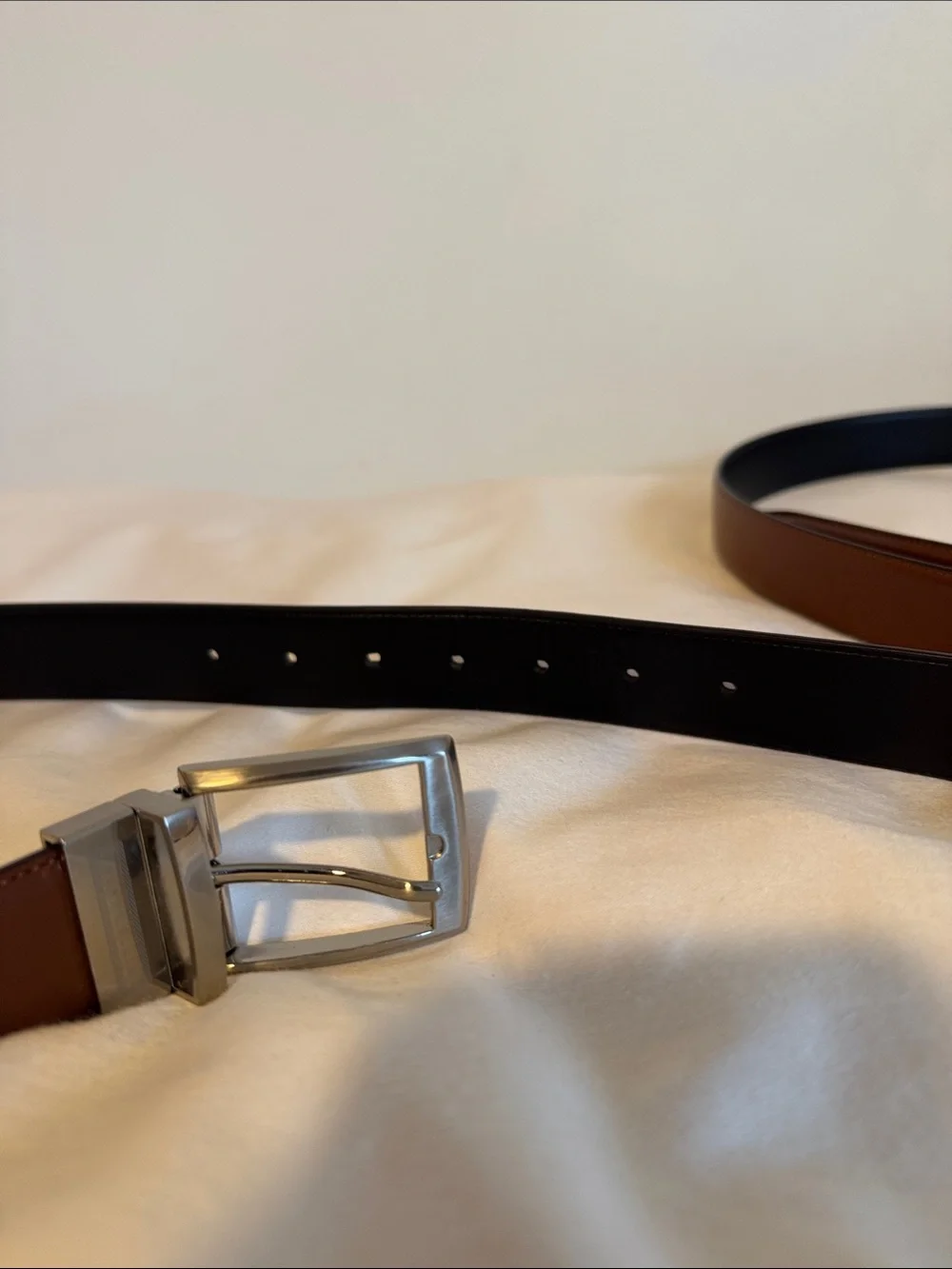 Two Perry Ellis SizeL Reversible Brown/Black Leather Belt with Silver Buckle